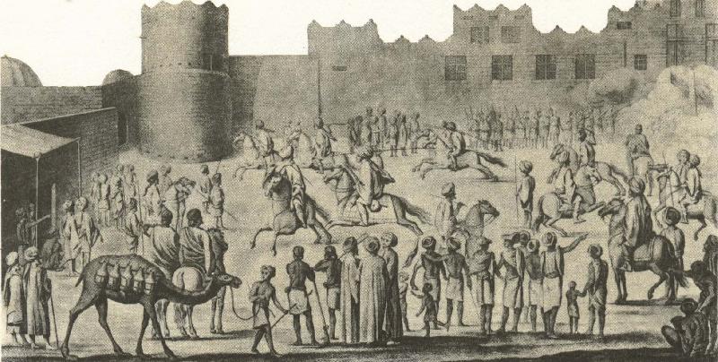 niebuhrs teckning av soldater som exercerar pa en palatsgard., william r clark